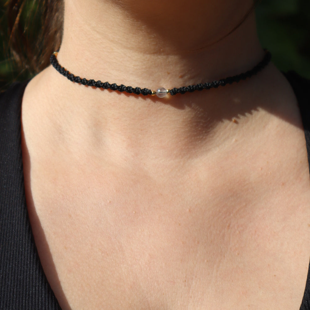 Ras du cou collier en micro macramé noir et doré acier inoxydable maiana crea festival hippie festival gypsy cadeau